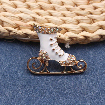 Christmas Skate Shaped Brooch with Rhinestones - Women's Lapel Pin for Clothing, Dress, Coat, Sweater, and Corsage Accessories