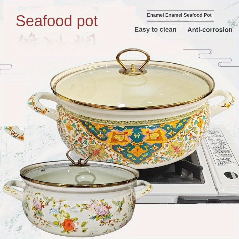 Enamel Seafood Stockpot Set, includes 4.7L and 5.8L pots with Glass Lid - Perfect for Deep Stews Year-Round, Suitable for Gas and Induction Cooktops - Sizes: 26.01 cm and 27.99 cm