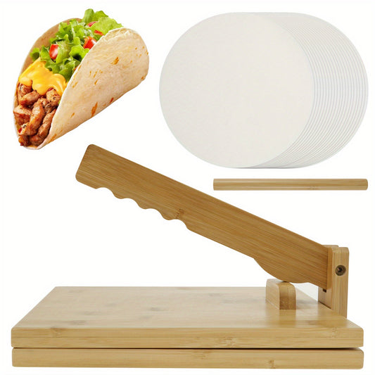 Set of 25 Bamboo Tortilla Pressers, 25.4 cm Manual Square Tortilla Makers with 1 Rolling Pin and 50 Oil-Proof Paper. Rotating Mexican Tortilla Dough Pressing Tool for Homemade Tortillas - 25.4 cm Bamboo Tortilla Press