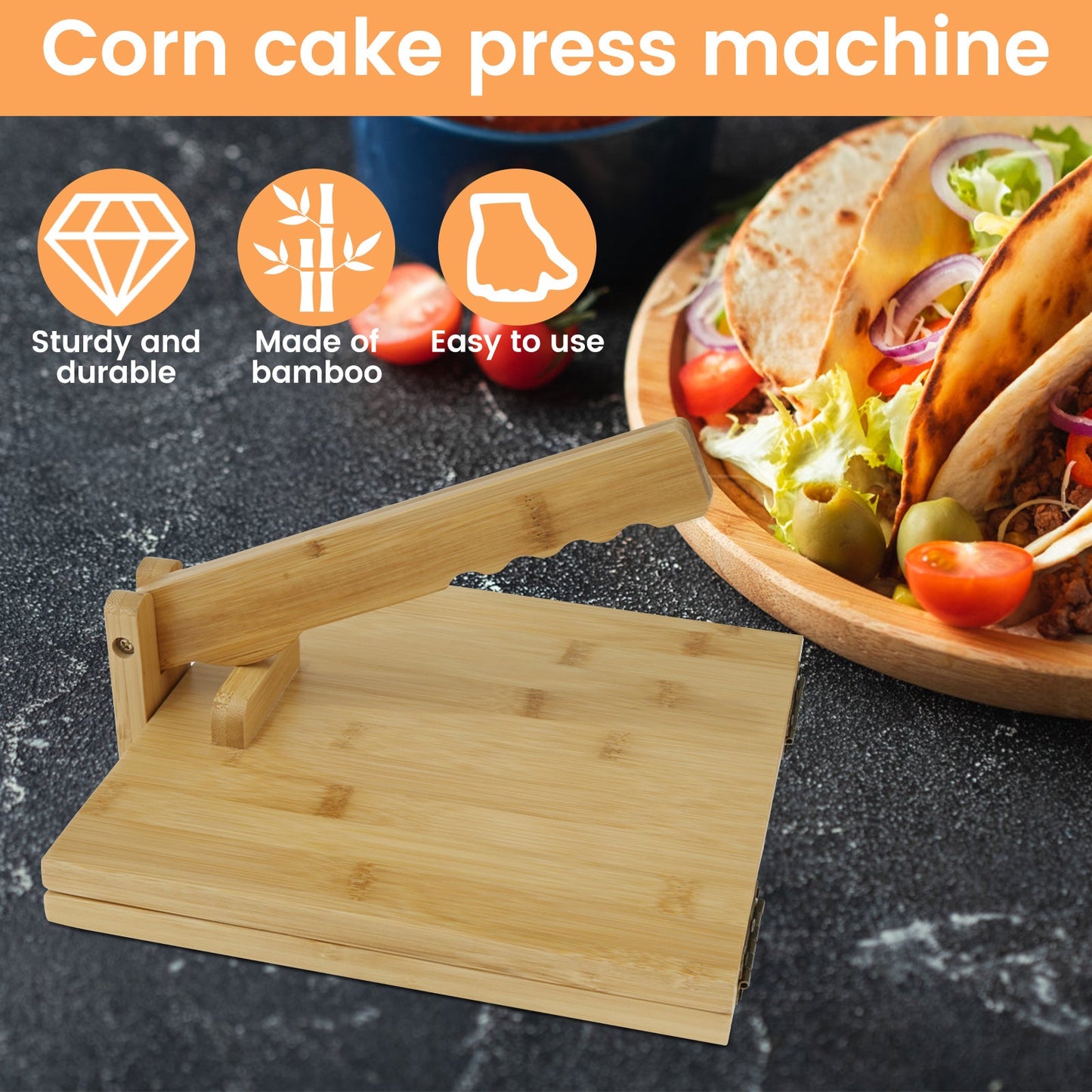 Set of 25 Bamboo Tortilla Pressers, 25.4 cm Manual Square Tortilla Makers with 1 Rolling Pin and 50 Oil-Proof Paper. Rotating Mexican Tortilla Dough Pressing Tool for Homemade Tortillas - 25.4 cm Bamboo Tortilla Press