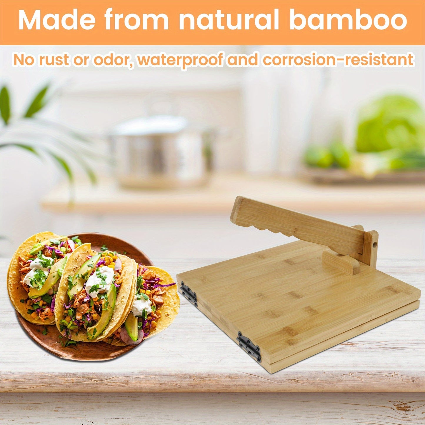 Set of 25 Bamboo Tortilla Pressers, 25.4 cm Manual Square Tortilla Makers with 1 Rolling Pin and 50 Oil-Proof Paper. Rotating Mexican Tortilla Dough Pressing Tool for Homemade Tortillas - 25.4 cm Bamboo Tortilla Press