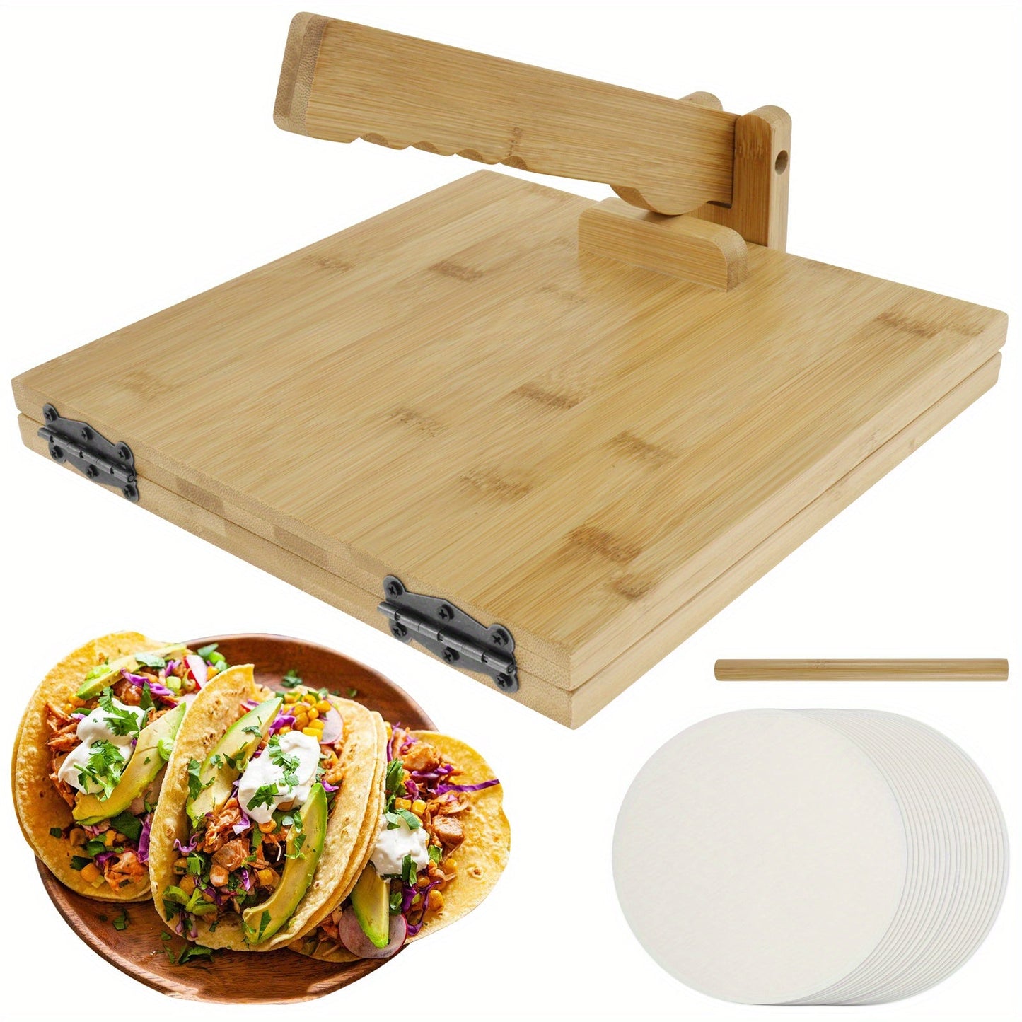 Set of 25 Bamboo Tortilla Pressers, 25.4 cm Manual Square Tortilla Makers with 1 Rolling Pin and 50 Oil-Proof Paper. Rotating Mexican Tortilla Dough Pressing Tool for Homemade Tortillas - 25.4 cm Bamboo Tortilla Press