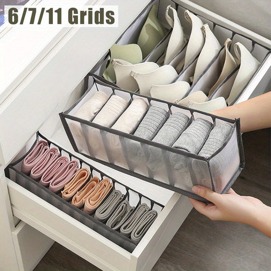 Set of three nylon mesh drawer organizers with 6, 7, and 11 grids. These foldable boxes are designed for storing underwear, socks, and bras. They feature a brushed finish and can be easily inserted into wardrobe closets to separate your items.