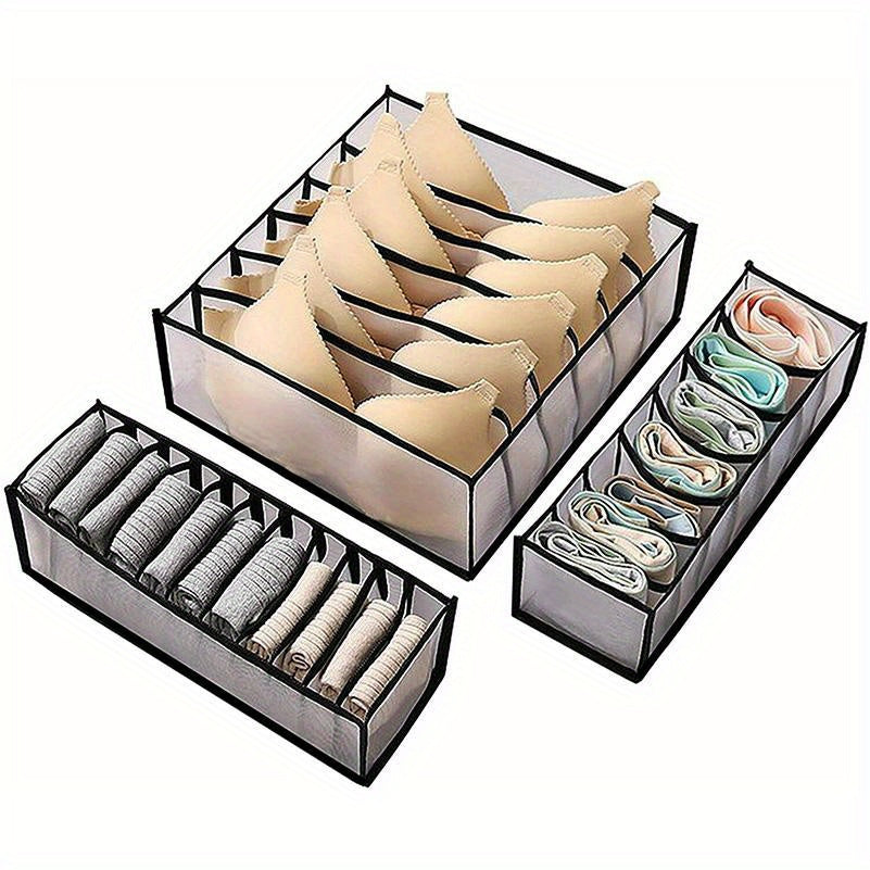 Set of three nylon mesh drawer organizers with 6, 7, and 11 grids. These foldable boxes are designed for storing underwear, socks, and bras. They feature a brushed finish and can be easily inserted into wardrobe closets to separate your items.