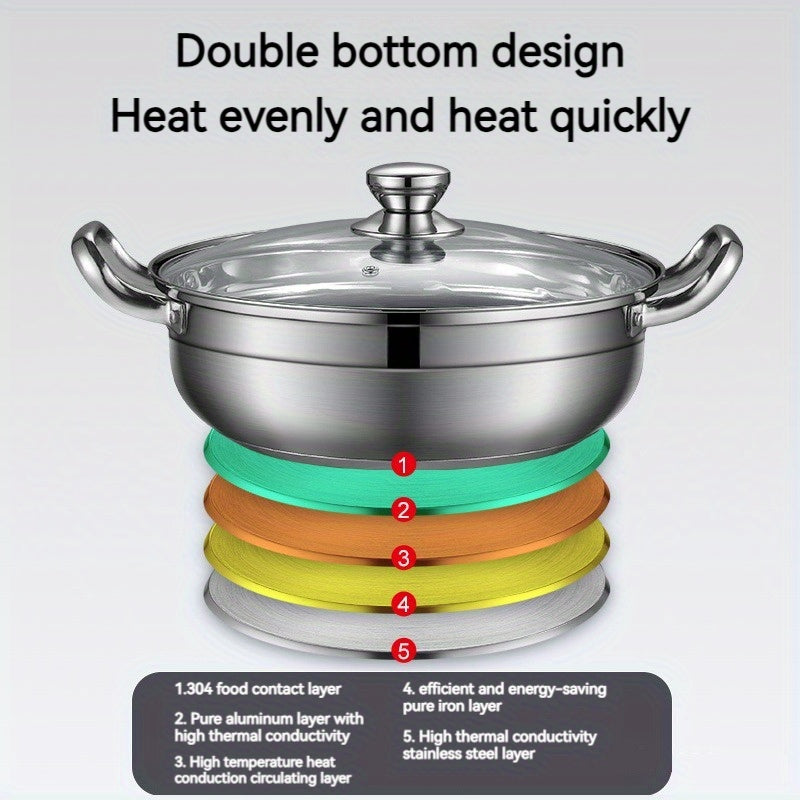 Family Size Dual Handle Hotpot Cookware made of Stainless Steel 304 - Features Double Bottom Design for Rapid Heating and Induction Compatibility, comes with a Lid for versatile use