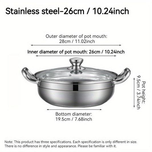 Family Size Dual Handle Hotpot Cookware made of Stainless Steel 304 - Features Double Bottom Design for Rapid Heating and Induction Compatibility, comes with a Lid for versatile use