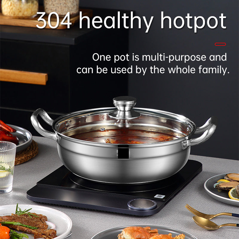 Family Size Dual Handle Hotpot Cookware made of Stainless Steel 304 - Features Double Bottom Design for Rapid Heating and Induction Compatibility, comes with a Lid for versatile use