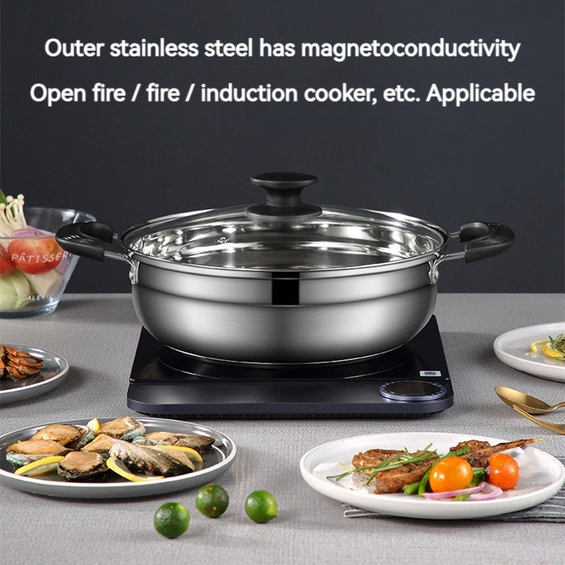 Family Size Dual Handle Hotpot Cookware made of Stainless Steel 304 - Features Double Bottom Design for Rapid Heating and Induction Compatibility, comes with a Lid for versatile use