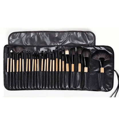 24pc female makeup brush set with leather bag, lip brush, eye shadow brush, and makeup tools - unscented.