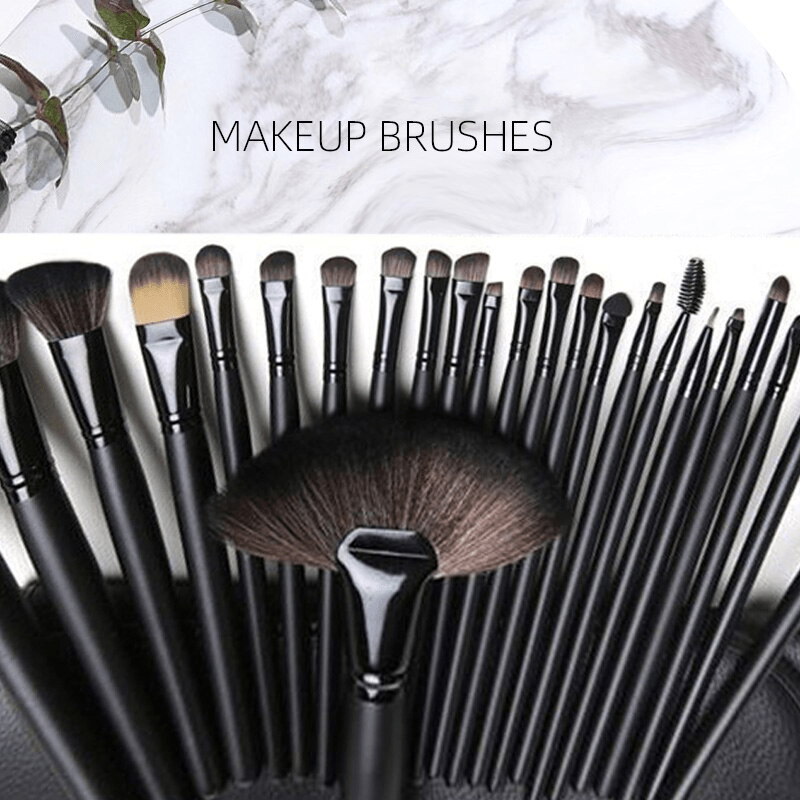 24pc female makeup brush set with leather bag, lip brush, eye shadow brush, and makeup tools - unscented.