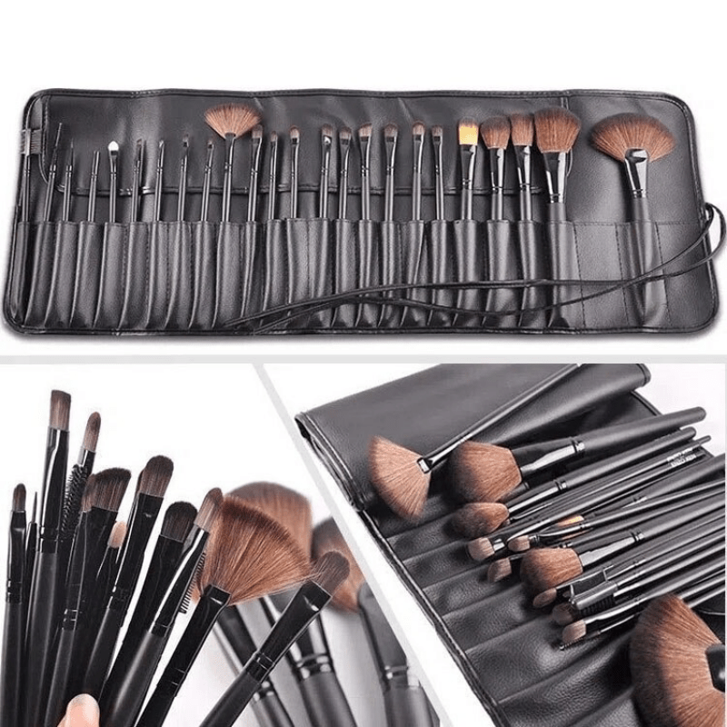 24pc female makeup brush set with leather bag, lip brush, eye shadow brush, and makeup tools - unscented.