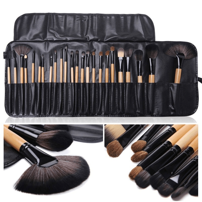 24pc female makeup brush set with leather bag, lip brush, eye shadow brush, and makeup tools - unscented.