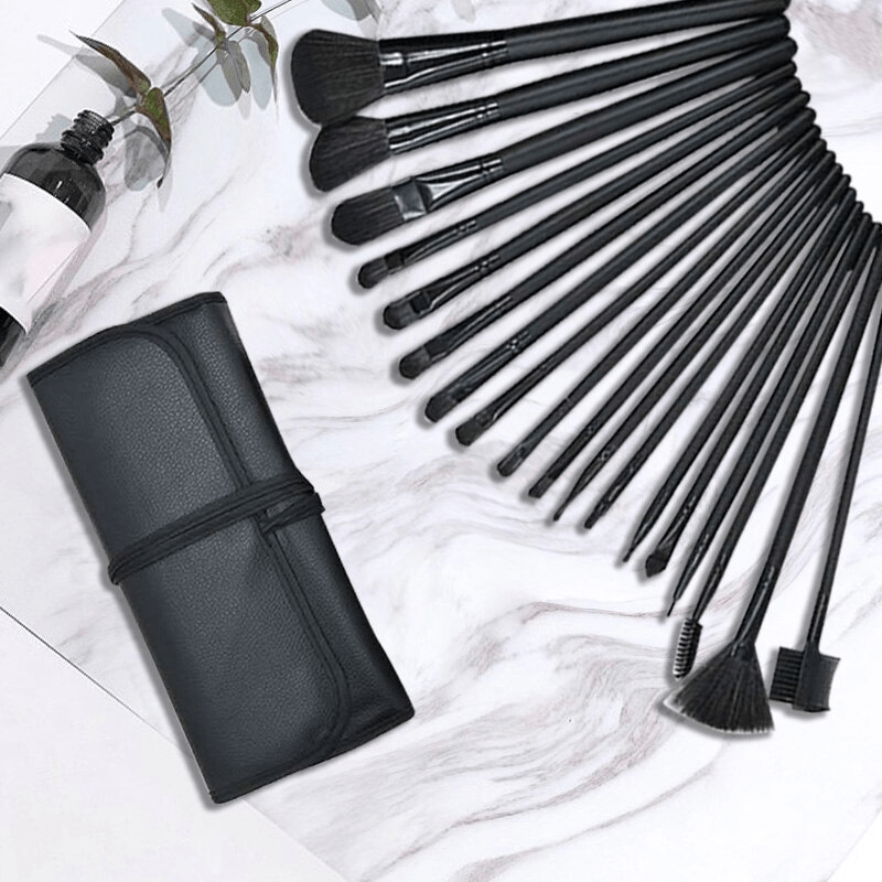 24pc female makeup brush set with leather bag, lip brush, eye shadow brush, and makeup tools - unscented.