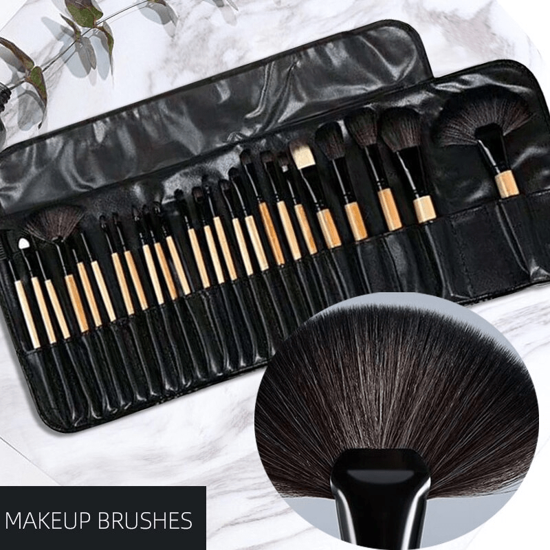 24pc female makeup brush set with leather bag, lip brush, eye shadow brush, and makeup tools - unscented.