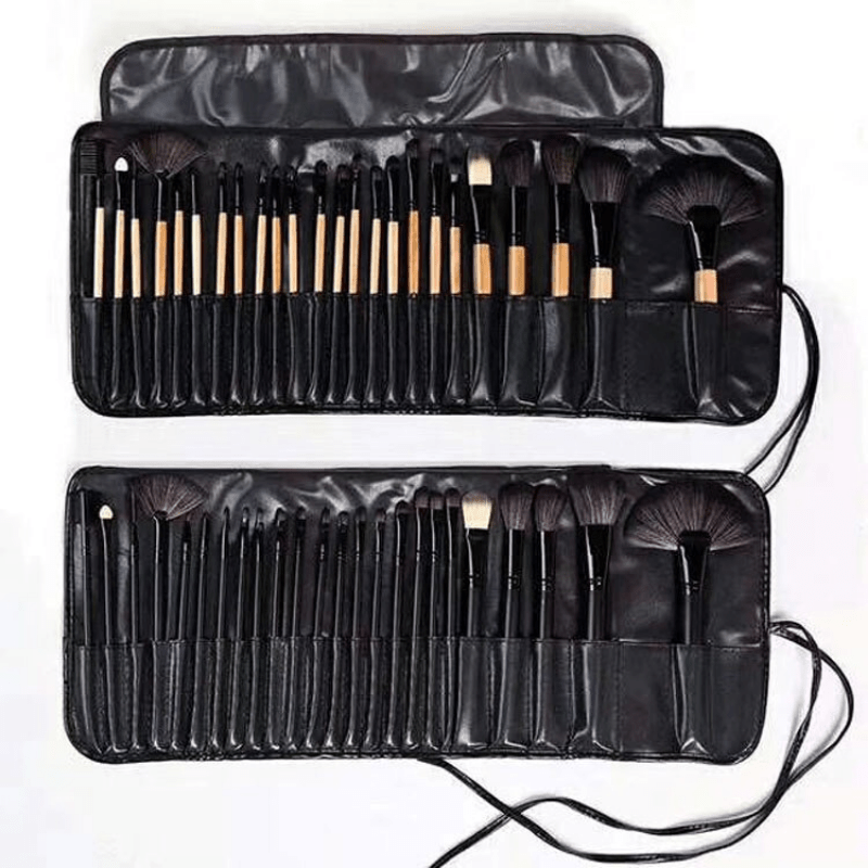 24pc female makeup brush set with leather bag, lip brush, eye shadow brush, and makeup tools - unscented.