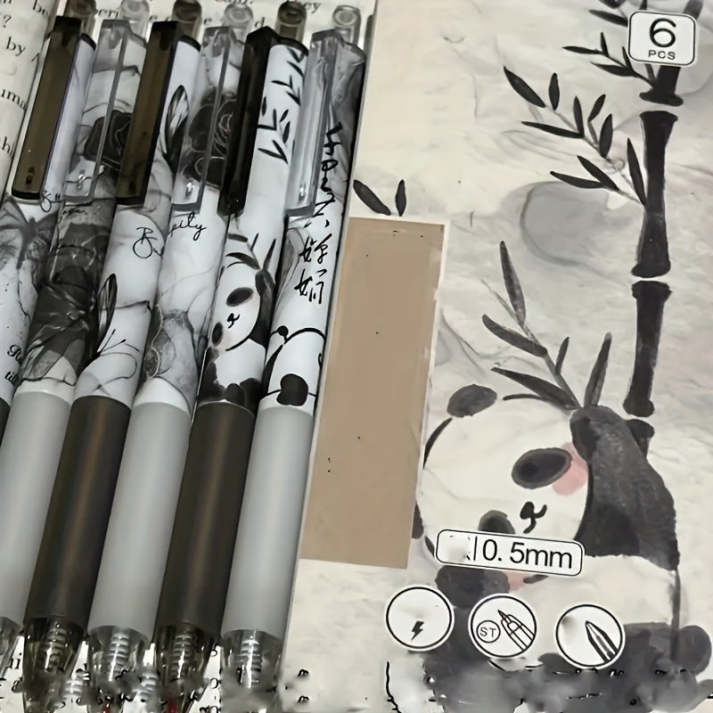 6 Retro Panda Gel Pens, 0.5mm Tip, Retractable, Black Ink, Perfect for Friends, Offices, and Back to School