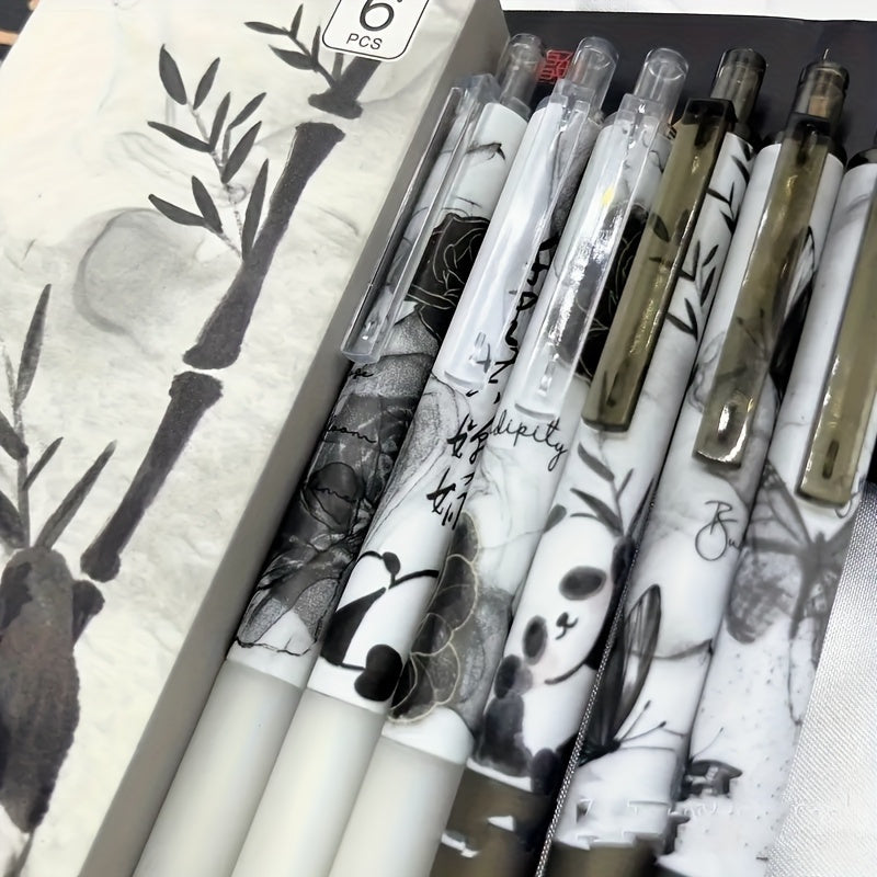 6 Retro Panda Gel Pens, 0.5mm Tip, Retractable, Black Ink, Perfect for Friends, Offices, and Back to School