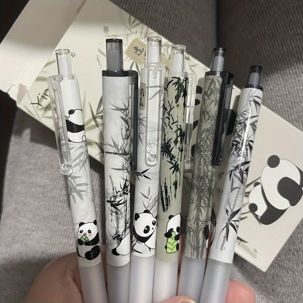 6 Retro Panda Gel Pens, 0.5mm Tip, Retractable, Black Ink, Perfect for Friends, Offices, and Back to School