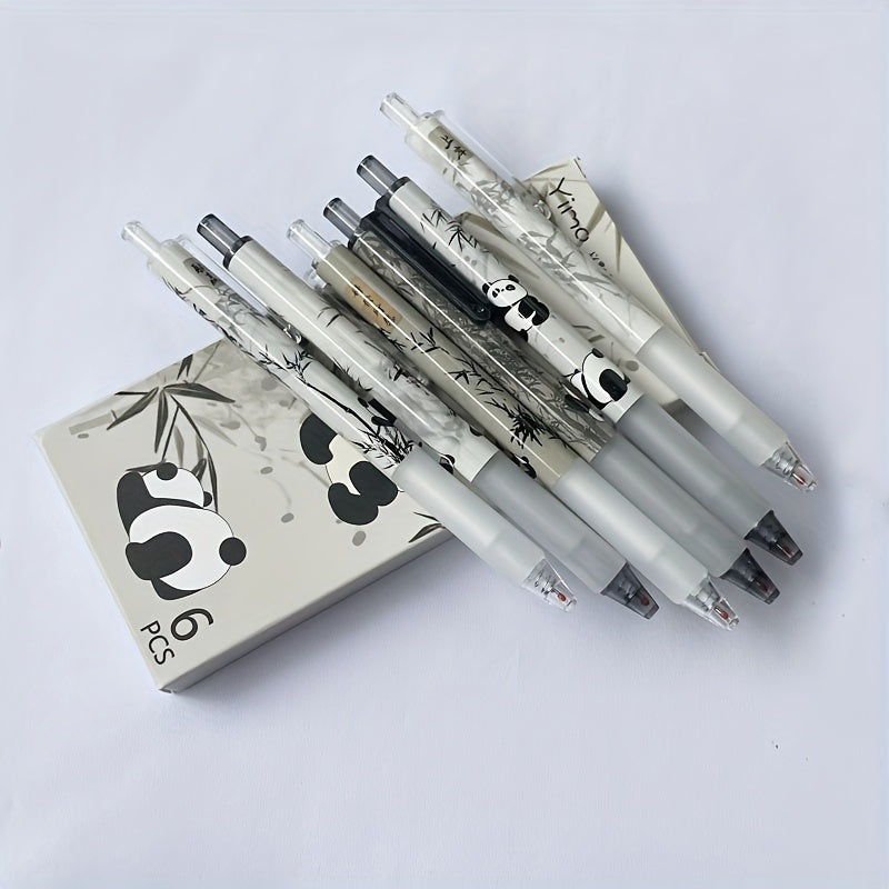 6 Retro Panda Gel Pens, 0.5mm Tip, Retractable, Black Ink, Perfect for Friends, Offices, and Back to School