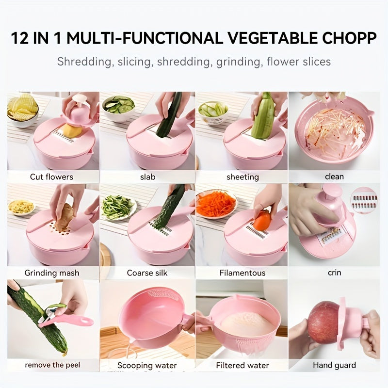 Manual vegetable chopper with interchangeable blades, ideal for commercial/hotel use, made of durable stainless steel - perfect for slicing, shredding, and grating carrots, potatoes, and radishes in the kitchen.