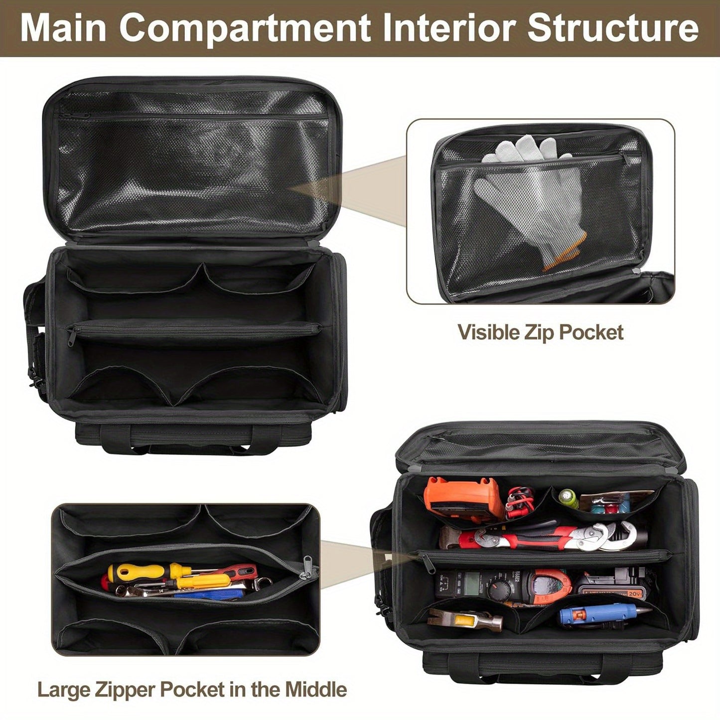 14-inch tool bag for men, with durable fabric, anti-abrasion base, multi-purpose organizer for electrician, repair, maintenance, and handyman use, non-waterproof black storage bag.