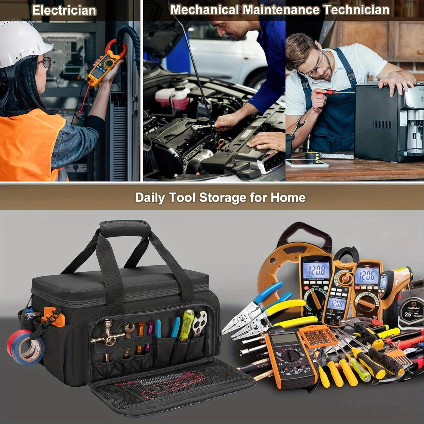 14-inch tool bag for men, with durable fabric, anti-abrasion base, multi-purpose organizer for electrician, repair, maintenance, and handyman use, non-waterproof black storage bag.