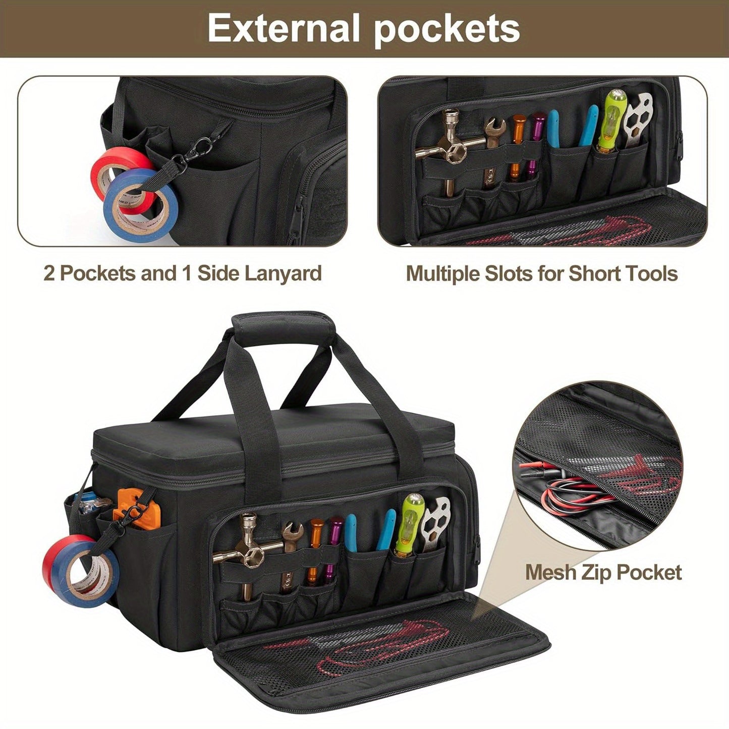 14-inch tool bag for men, with durable fabric, anti-abrasion base, multi-purpose organizer for electrician, repair, maintenance, and handyman use, non-waterproof black storage bag.