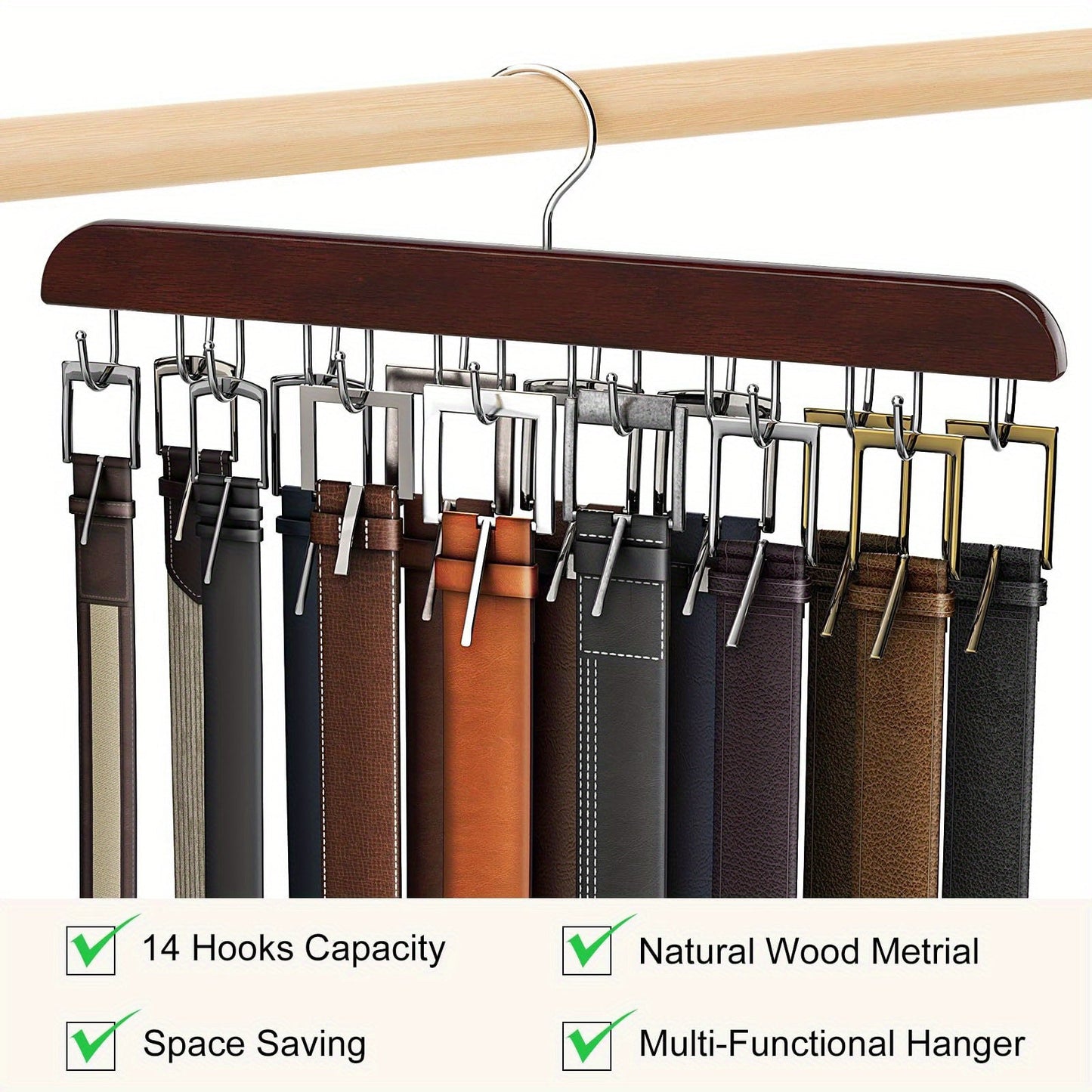 Wooden belt rack with 14 hooks saves space - perfect for organizing belts, ties, scarves, and more. Can hold up to 42 items. Great for home storage, suspenders, hats, and organizing your wardrobe.