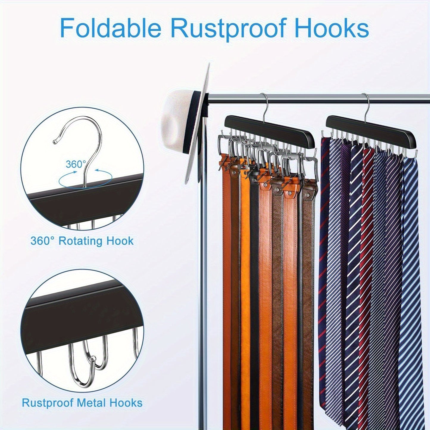 Wooden belt rack with 14 hooks saves space - perfect for organizing belts, ties, scarves, and more. Can hold up to 42 items. Great for home storage, suspenders, hats, and organizing your wardrobe.