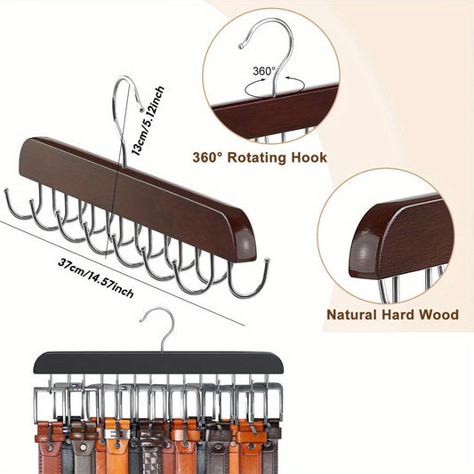 Wooden belt rack with 14 hooks saves space - perfect for organizing belts, ties, scarves, and more. Can hold up to 42 items. Great for home storage, suspenders, hats, and organizing your wardrobe.