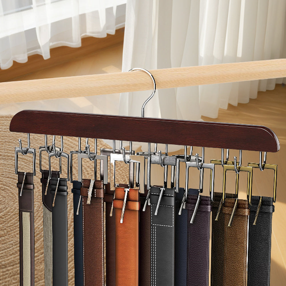 Wooden belt rack with 14 hooks saves space - perfect for organizing belts, ties, scarves, and more. Can hold up to 42 items. Great for home storage, suspenders, hats, and organizing your wardrobe.