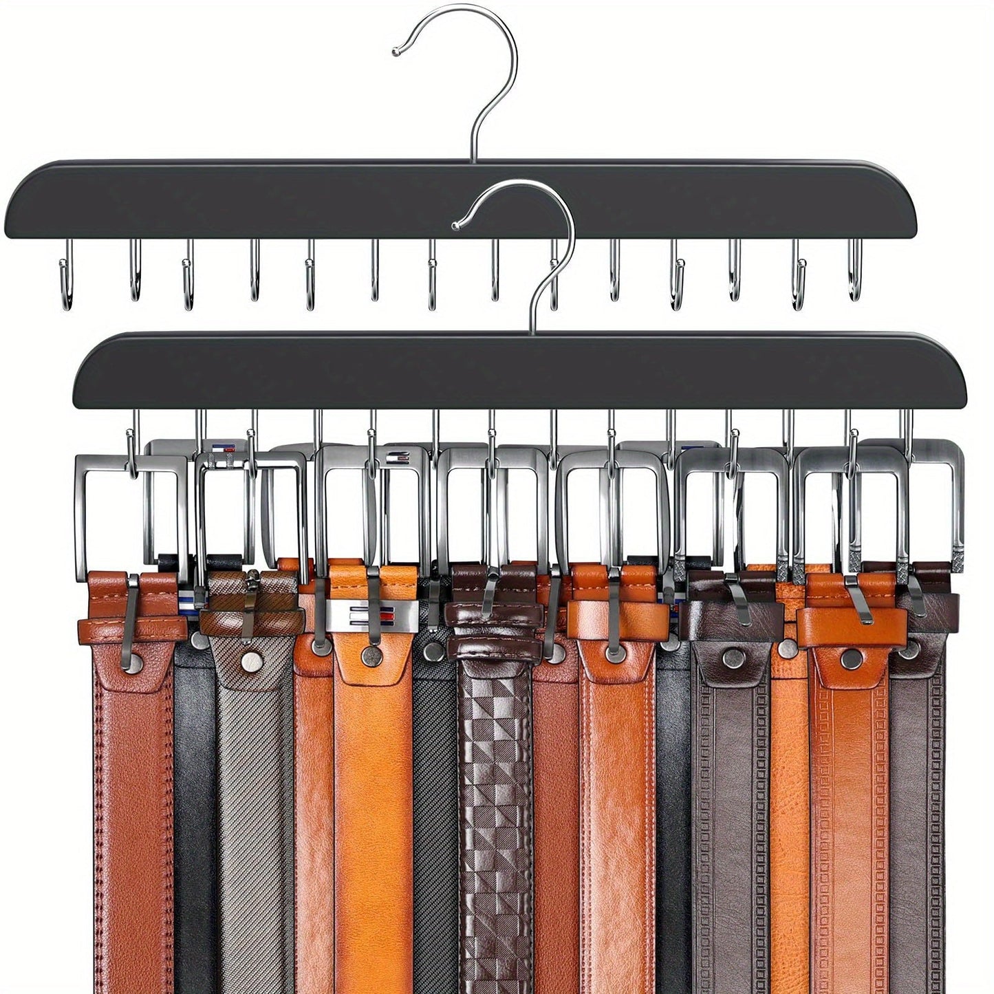 Wooden belt rack with 14 hooks saves space - perfect for organizing belts, ties, scarves, and more. Can hold up to 42 items. Great for home storage, suspenders, hats, and organizing your wardrobe.