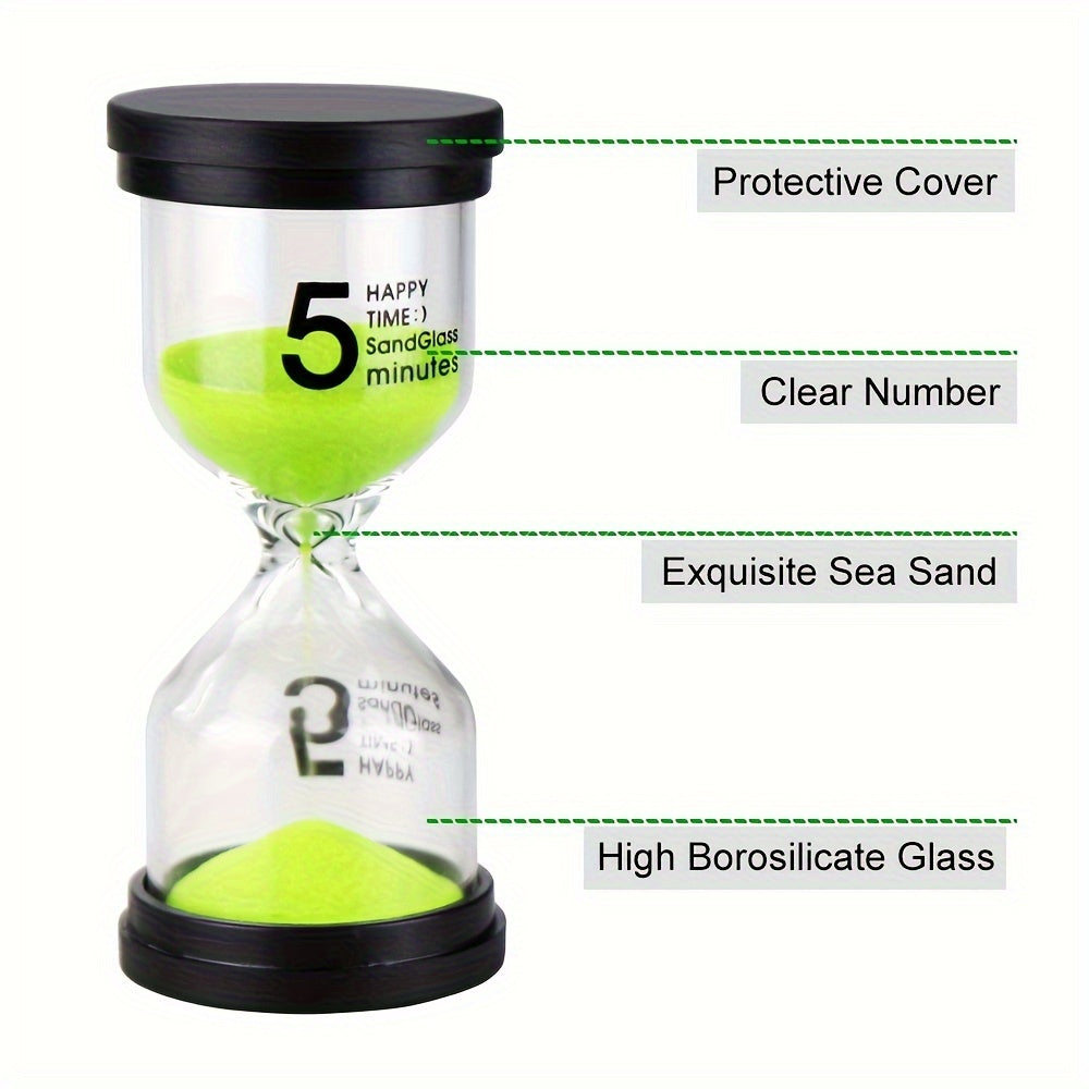 Colorful set of 6 sand timers, with durations ranging from 1 to 30 minutes, for use in games, classrooms, and offices.