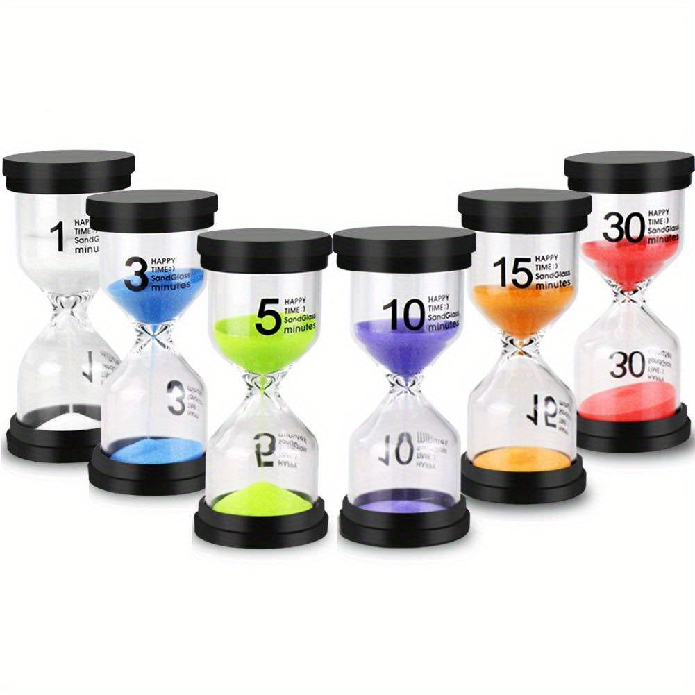 Colorful set of 6 sand timers, with durations ranging from 1 to 30 minutes, for use in games, classrooms, and offices.