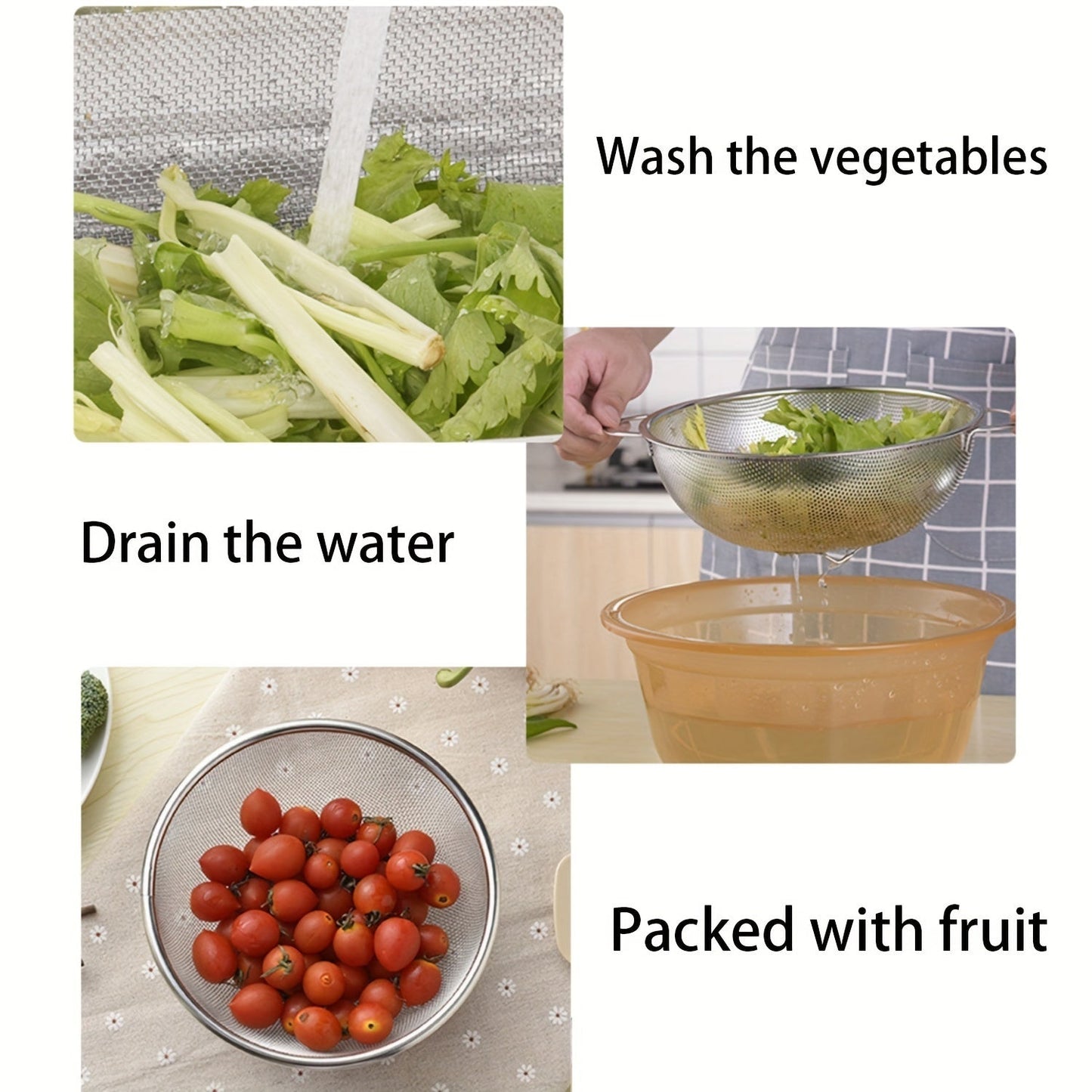 Convenient, Stainless Steel Kitchen Strainer with Fine Mesh - Dishwasher Safe, Ideal for Fruits & Vegetables, Must-Have Cooking Tool