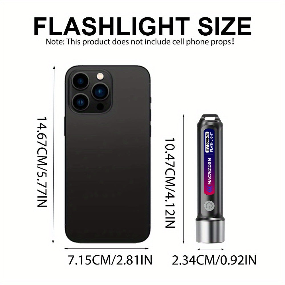 Portable UV LED flashlight for hotel inspection, urine detection, scorpion finder, and more - USB rechargeable with lithium battery.