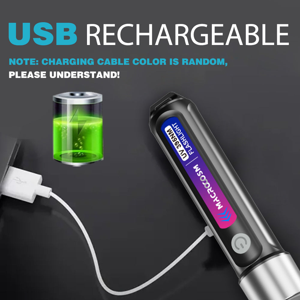 Portable UV LED flashlight for hotel inspection, urine detection, scorpion finder, and more - USB rechargeable with lithium battery.