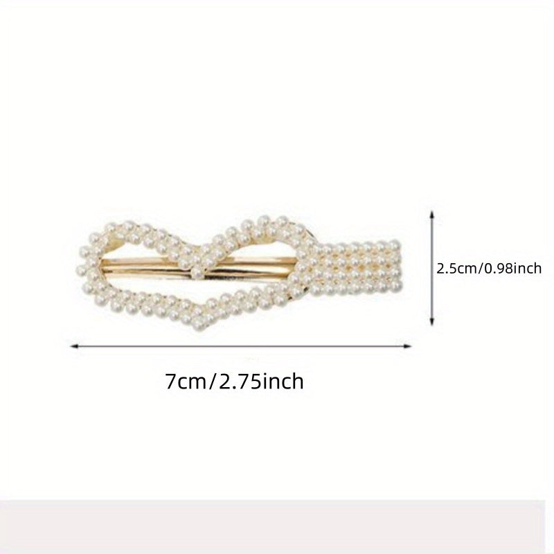 Elegant set of 10 sweet style pearl hair clips with Korean fashion elements. Features plastic bow tie shaped barrettes and solid color duckbill grips for women.