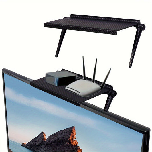 Adjustable Tilt Head TV Stand Shelf with Plastic Top Mount for Home Office - No Electricity Required, Ideal for Organizing Media Boxes, Routers, and Computer Monitors on Desktop.