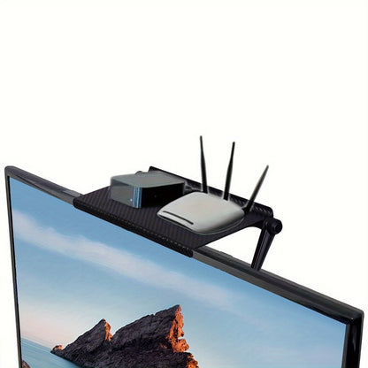 Adjustable Tilt Head TV Stand Shelf with Plastic Top Mount for Home Office - No Electricity Required, Ideal for Organizing Media Boxes, Routers, and Computer Monitors on Desktop.