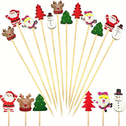 50 count Christmas cocktail picks with Santa Claus, snowman, tree, and elk toppers for drinks and appetizers.