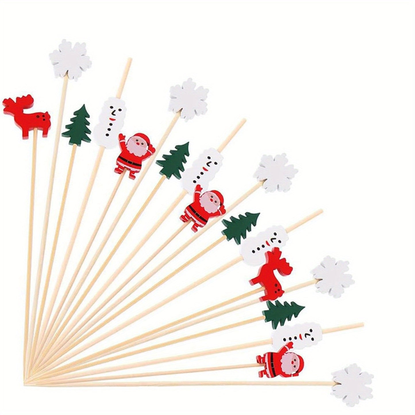 50 count Christmas cocktail picks with Santa Claus, snowman, tree, and elk toppers for drinks and appetizers.