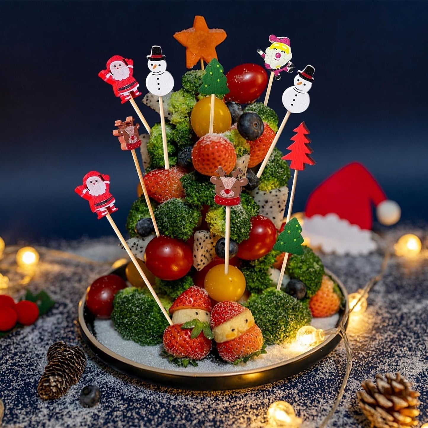 50 count Christmas cocktail picks with Santa Claus, snowman, tree, and elk toppers for drinks and appetizers.