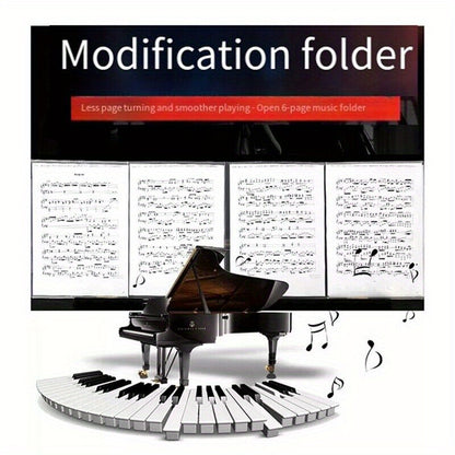 6-Page A4 music sheet holder featuring a black 3-fold PP plastic design with piano keys and musical notes. Ideal for band performances, teachers, and master classes. Great music gift.