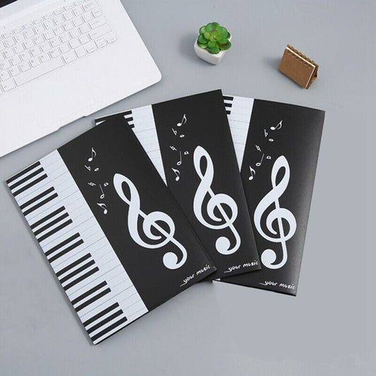 6-Page A4 music sheet holder featuring a black 3-fold PP plastic design with piano keys and musical notes. Ideal for band performances, teachers, and master classes. Great music gift.