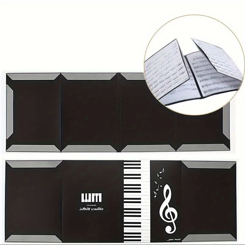 6-Page A4 music sheet holder featuring a black 3-fold PP plastic design with piano keys and musical notes. Ideal for band performances, teachers, and master classes. Great music gift.