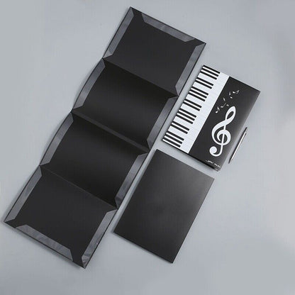 6-Page A4 music sheet holder featuring a black 3-fold PP plastic design with piano keys and musical notes. Ideal for band performances, teachers, and master classes. Great music gift.