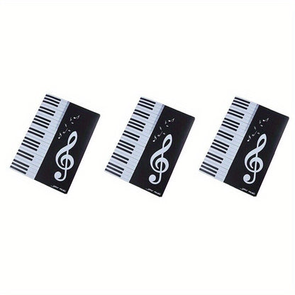 6-Page A4 music sheet holder featuring a black 3-fold PP plastic design with piano keys and musical notes. Ideal for band performances, teachers, and master classes. Great music gift.