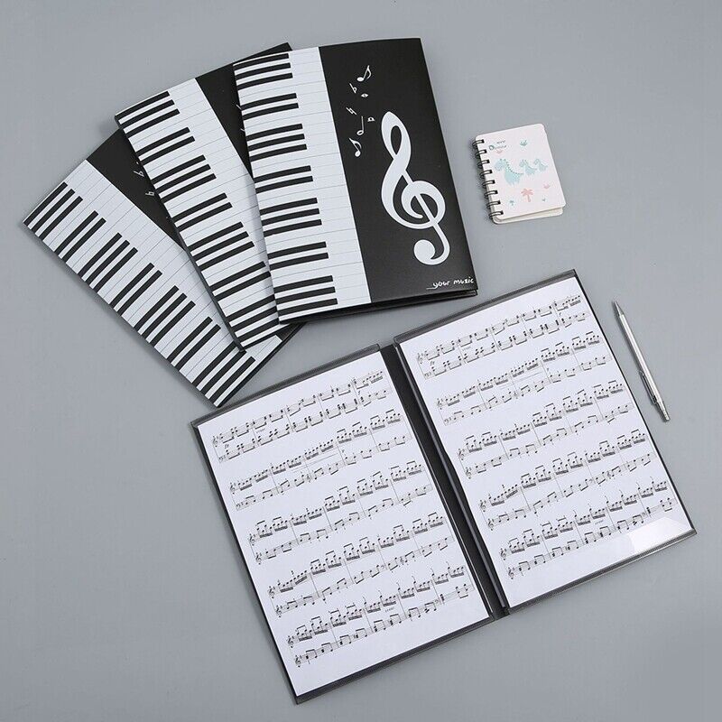 6-Page A4 music sheet holder featuring a black 3-fold PP plastic design with piano keys and musical notes. Ideal for band performances, teachers, and master classes. Great music gift.