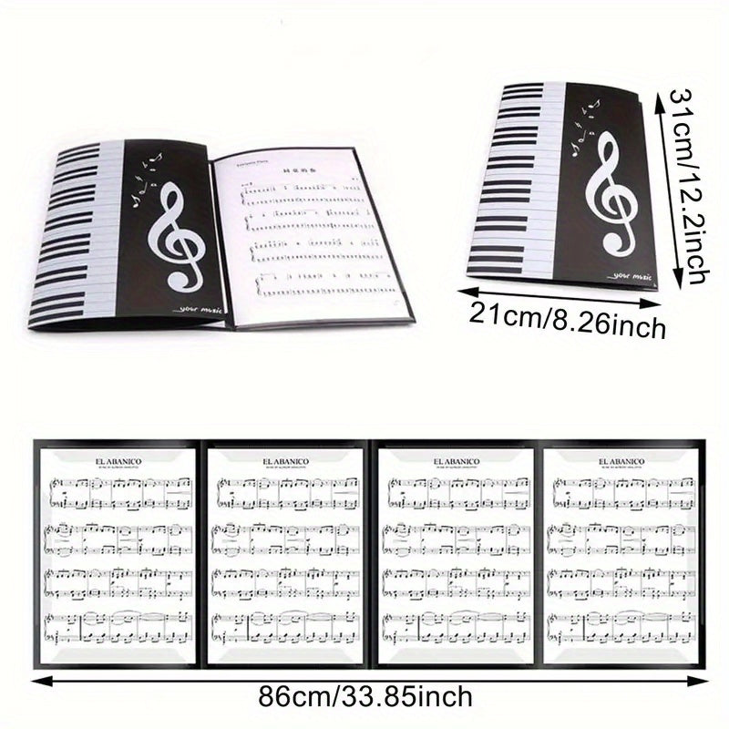 6-Page A4 music sheet holder featuring a black 3-fold PP plastic design with piano keys and musical notes. Ideal for band performances, teachers, and master classes. Great music gift.